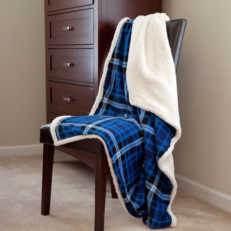 Reversible Fleece Blanket - 50-Inch x 60-Inch Machine-Washable Sherpa Throw by Windsor Home - Blue Checkered