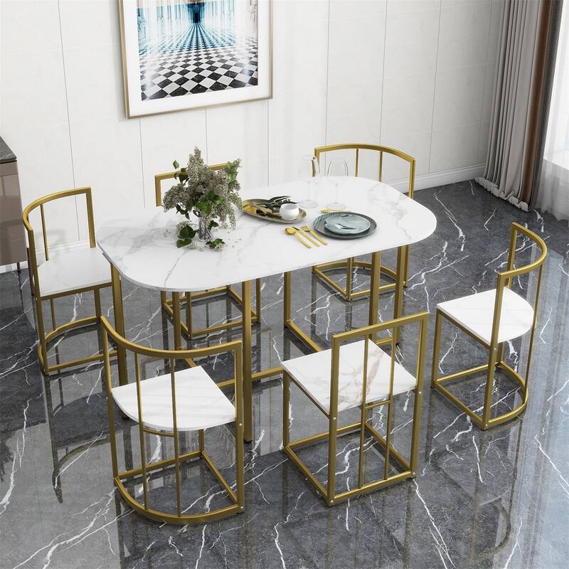 Merax Modern 7-Piece Dining Table Set with Faux Marble - Golden