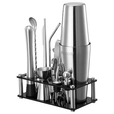 Stainless Steel Bartender Kit 14-Piece with Acrylic Stand & Shaker - 8.27 x 4.33 x 11.22 in