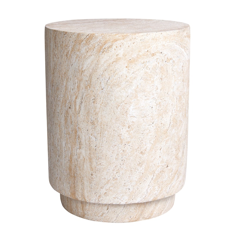 Cylinder Travertine Stone Finish Italian Design MgO Side Accent Table - 14.2"x14.2"x18.3"