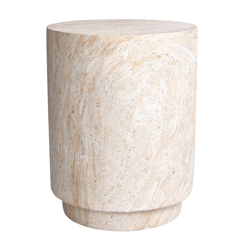 Cylinder Travertine Stone Finish Italian Design MgO Side Accent Table - 14.2"x14.2"x18.3"