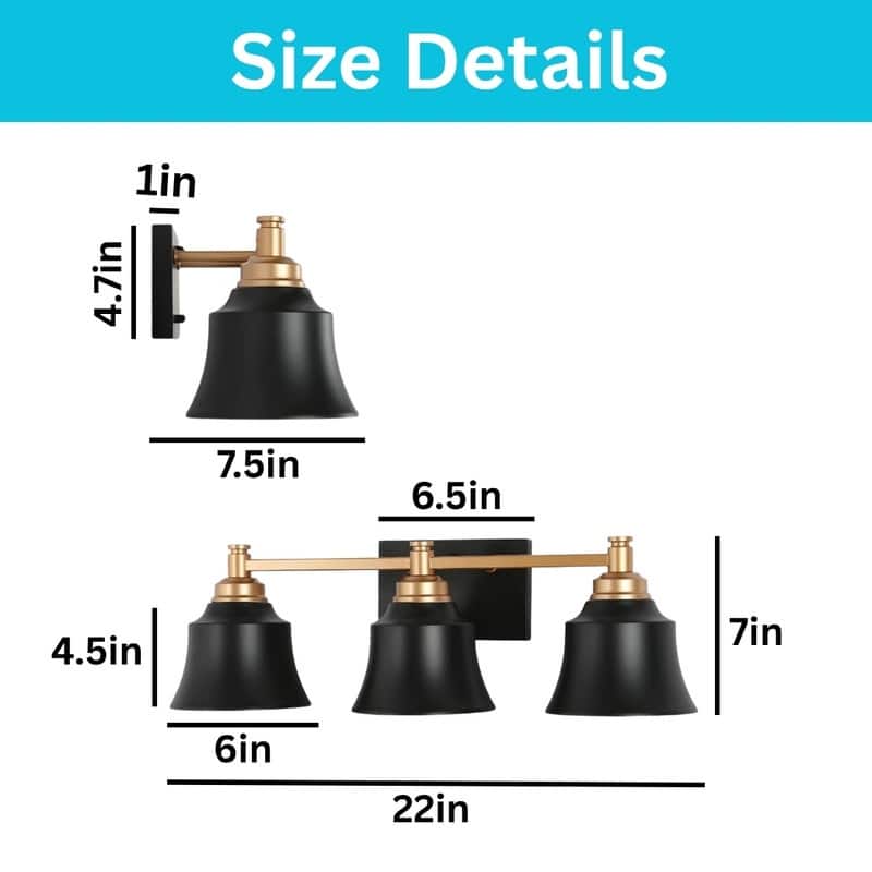 3 Light bulb light black and gold bathroom light fixtures metal wall light
