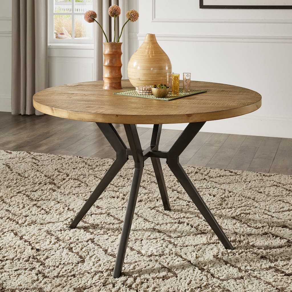 Calem Wood Finish and Iron Grey Metal Base 45" Round Dining Table by iNSPIRE Q Modern