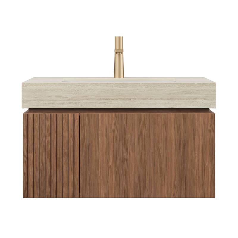 GDFStudio - Muri 30" Floating Bathroom Vanity with Travertine-Pattern Sintered Stone Countertop & Basin, WITHOUT Faucet