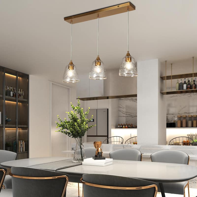 Dilera Modern 3-Light Gold Chandelier Glass Linear Island Pendant Lights for Dining Room - D28.5" x H68.5"