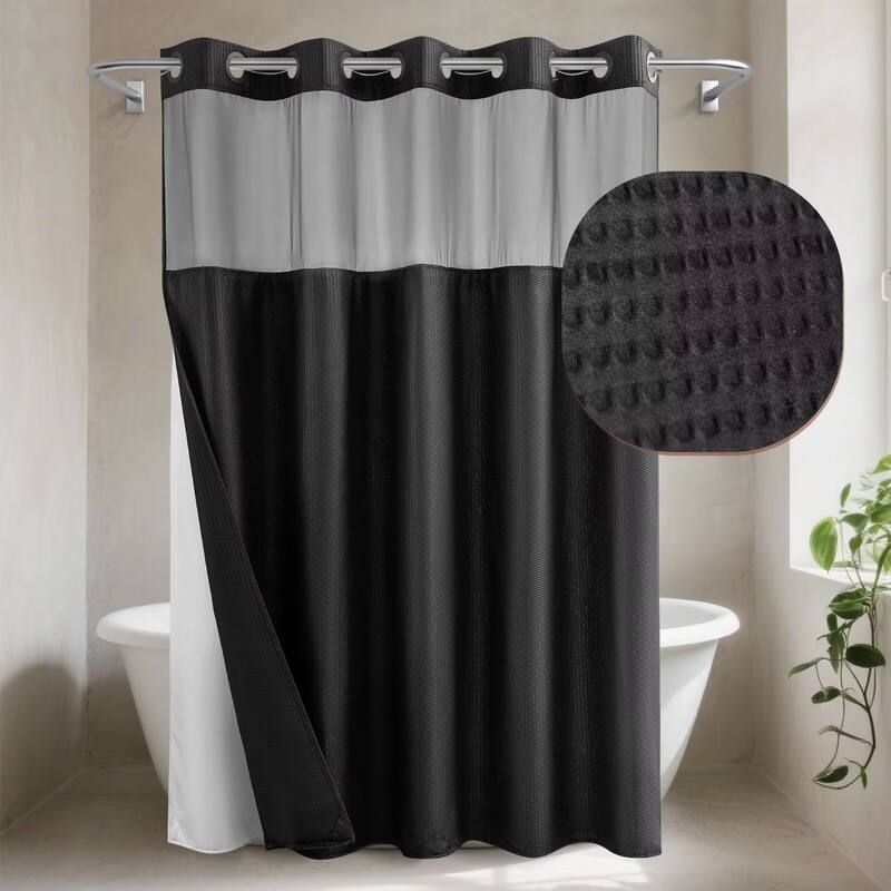 No Hook Embossed Shower Curtain with Snap-in Liner - 71"Wx74"L - Black