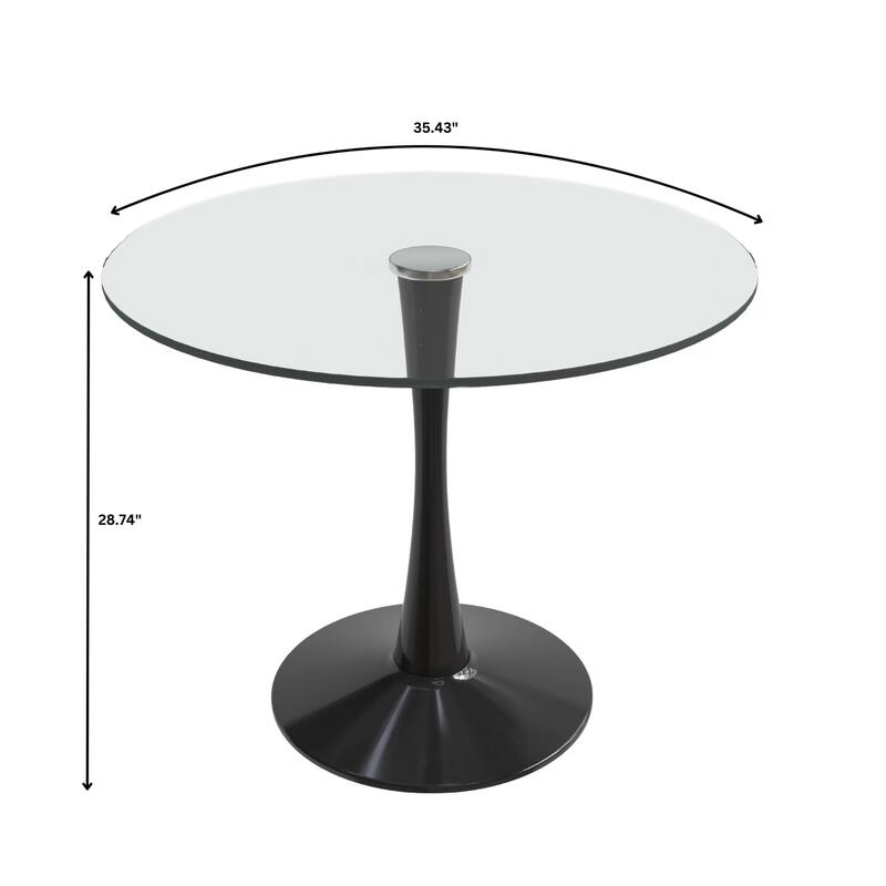 Bristol 35" Round Dining Table for 4 with Glass Top and Iron Pedestal Base for Kitchen and Dining Room