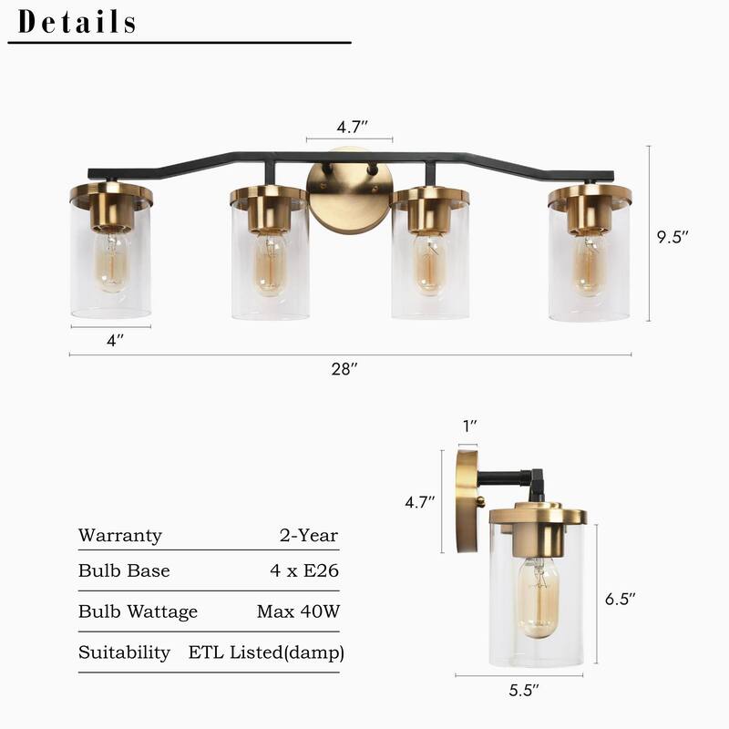 Modern Mid-Century 4-Light Black Gold Bathroom Vanity Light with Cylinder Glass - 28"L x 5.5"Wx 9.5"H