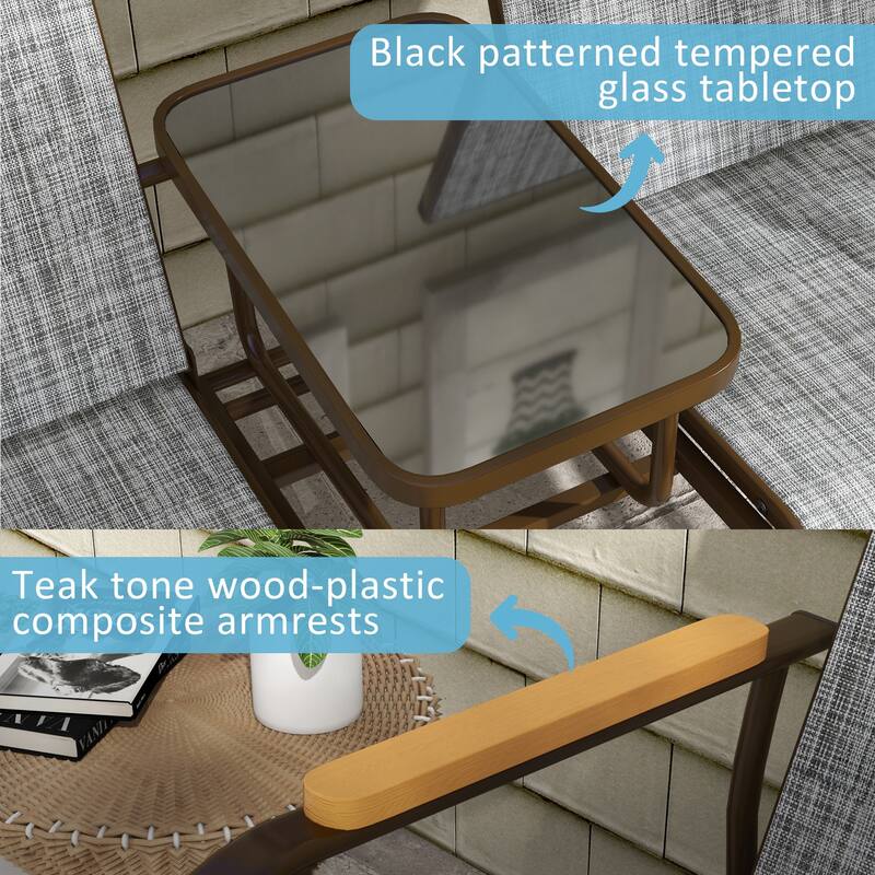 Outdoor Double Glider Bench with Table, Patio Loveseat with Breathable Mesh & Steel Frame