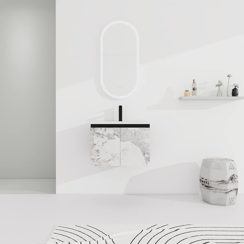 24" Floating Wall-Mounted Bathroom Vanity with Soft-Close Doors, Ceramic Sink, Eco-Friendly Plywood Base - 24in L Plywood - 24" Marbling+Hattich Hinge