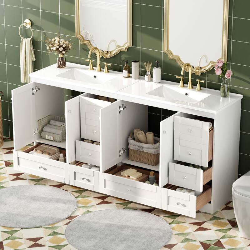 Roomfitters Shaker Style 72" Freestanding Bathroom Vanity Cabinet with Ceramic Sink, Soft-Close Doors and Drawers