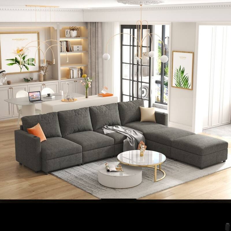 Modern Large convertible Sectional Sofa with Storage Function and Ottoman - Reversible - Grey
