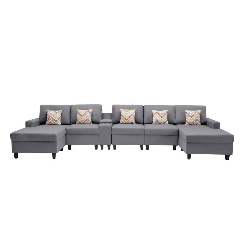 Linen Fabric 6 Piece Double Chaise Sectional Sofa with Storage Console Table and 5 Pillows