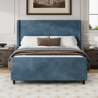 King Size Corduroy Upholstered Bed Frame with Vertical Stripe Wingback - Taupe Finish.