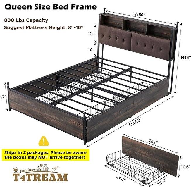 Queen Size Bed Frame with LED Lights, Charging Station and 4 Drawers