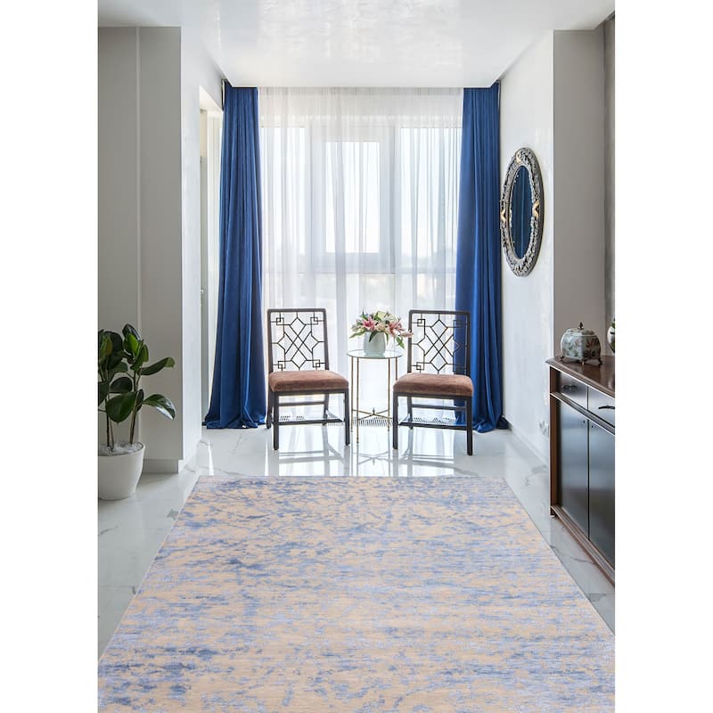 ECARPETGALLERY Hand-knotted Legacy Dark Blue, Light Khaki Silk, Wool Rug - 8'10 x 11'10