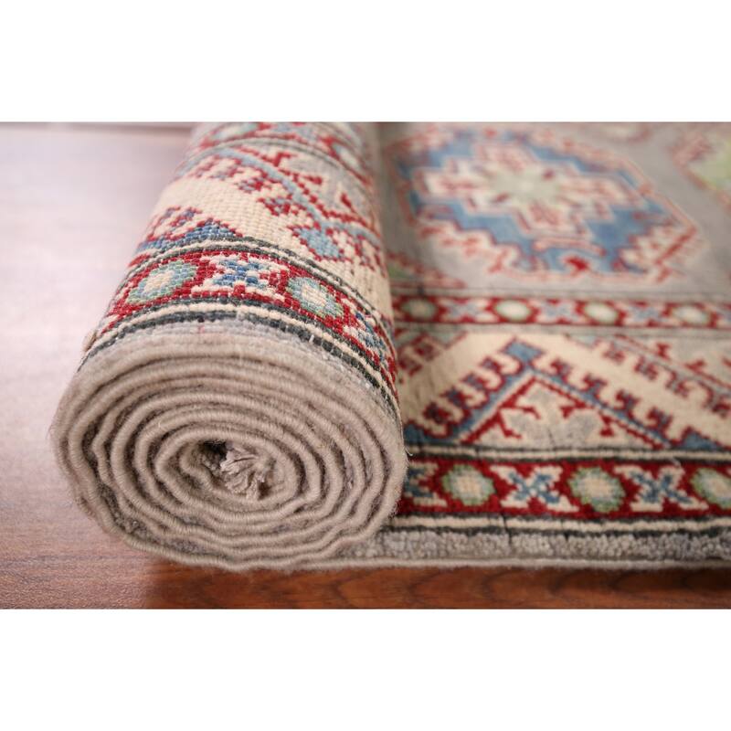 Grey Geometric Kazak Oriental Runner Rug Handmade Wool Carpet - 2'8" x 20'0"