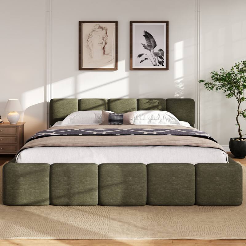 Floor Grounded Bed Block-shape Boucle Upholstered Bed Low Profile Wingback Platform Bed with Thick Headboard and Footboard