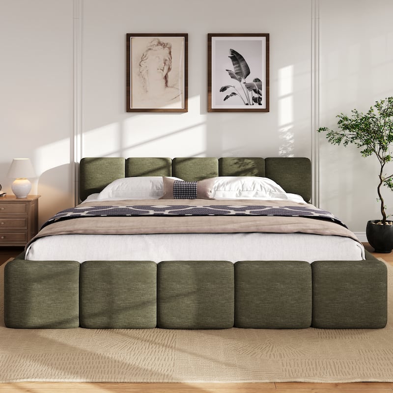 Modern Upholstered Bed Frame Block Style Grounded Bed with Thick Headboard, Lowprofile Wingback Bed Floor Bed Platform Bed Frame