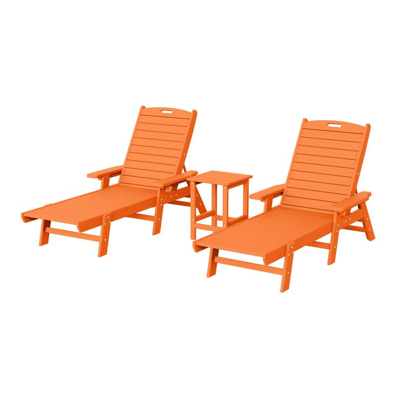 Laguna Hdpe All Weather Outdoor Patio Pool Reclining Chaise Lounges With Square Side Table (3-Piece Set) - Orange