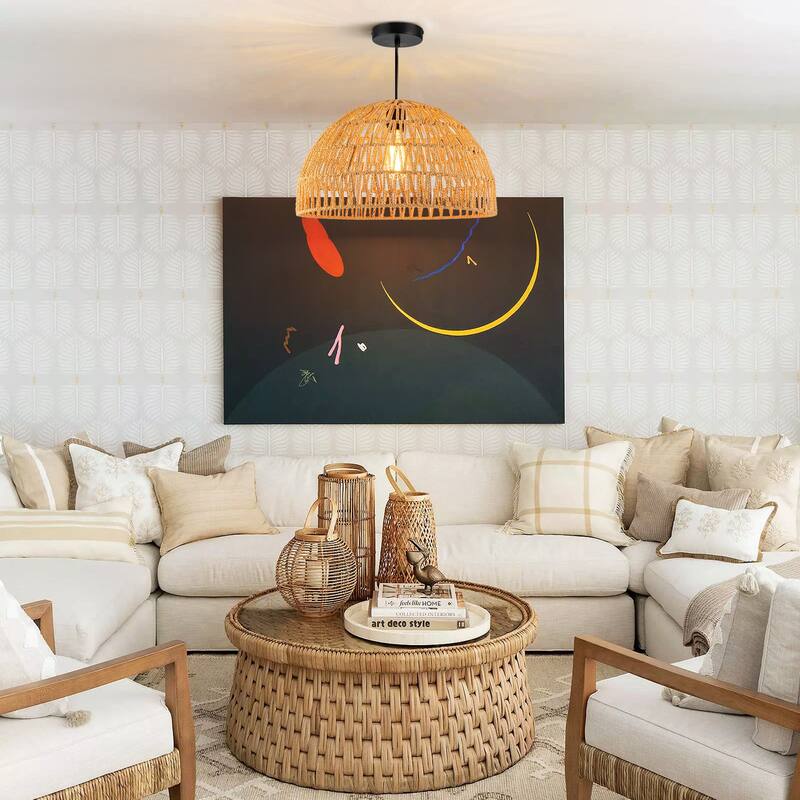 1-Light Modern Farmhouse Bohemian Round Hand-Woven Rattan Flush Mount Light Dome Pendant Light