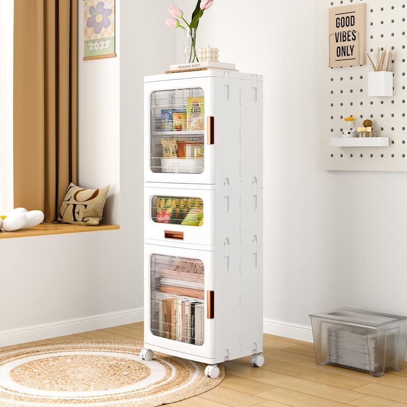 VECELO White Storage Cabinet Modular Organizer with 2 Adjustable Shelves 1 Drawer & Wheels Magnetic Transparent Doors for Closet