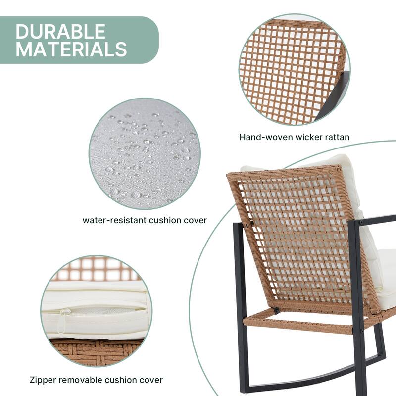 Patio 3-Piece Steel Frame Wicker Rocking Chair Outdoor Bistro Set with White Cushion & Coffee Table for Porch, Balcony