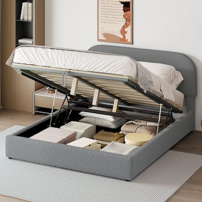Gray Queen Size Teddy Fleece Upholstered Platform Bed with Hydraulic Storage System for Bedroom