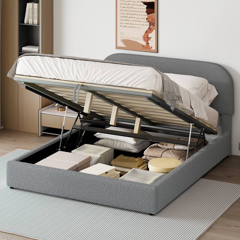 Lift Up Storage Platform Bed Frame, Teddy Fleece Low Profile Bed Hydraulic Storage System, Curved Headboard, Wood Panel Bed