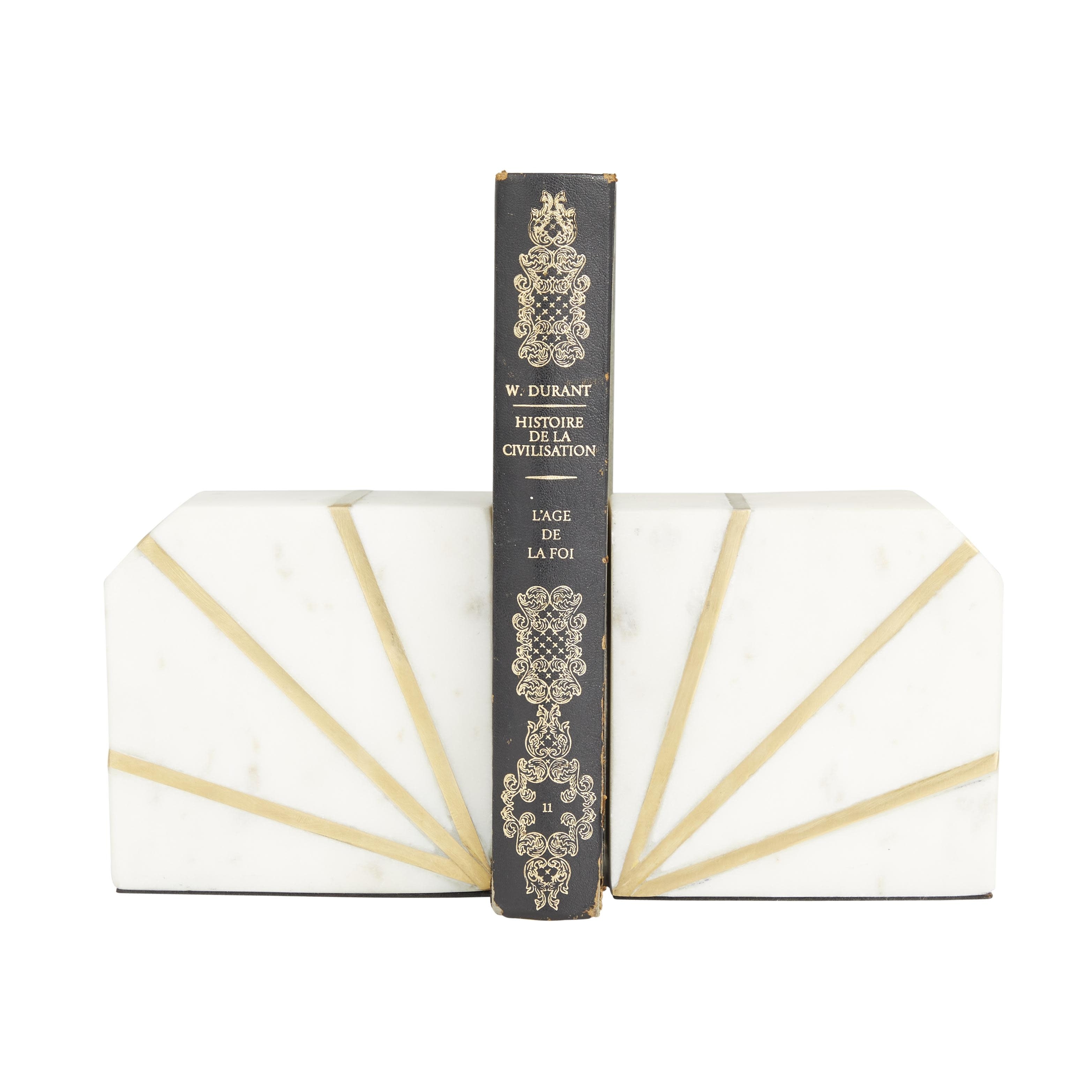 CosmoLiving by Cosmopolitan - Marble Geometric 8 lbs Bookends with Gold Inlay - Set of 2 White
