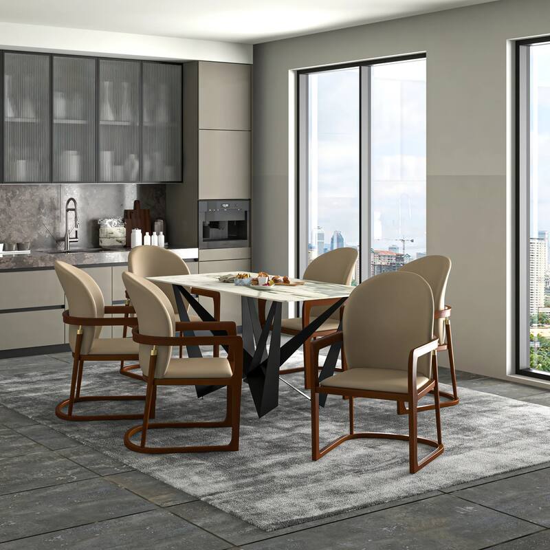 Svelta Leather Dining Chair with Rubberwood Legs Curved Back Accent Arm Chair for Kitchen and Dining Room Set of 2