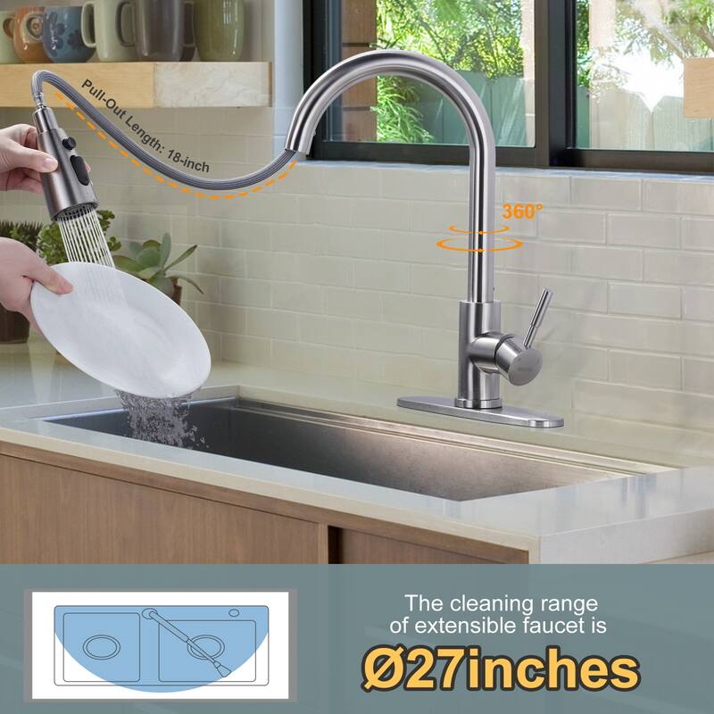 WOWOW 3-Function Pull down Sprayer Kitchen Faucet with Deckplate