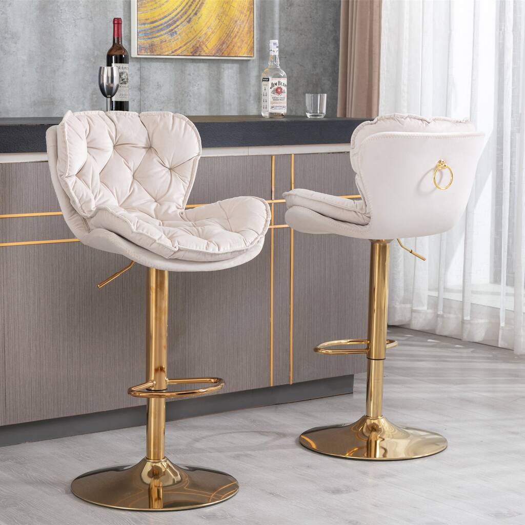 Velvet Swivel Bar Stools Set of 2,Height Adjustable Wingback Tufted Kitchen Island Bar Stool for Pub,Bistro,Restaurant, Beige