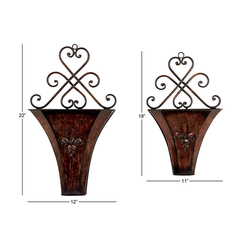 Brown Metal Indoor Outdoor Weathered Hanging Scroll Indoor Outdoor Wall Planter with Fleur-De-Lis Accent (Set of 2)