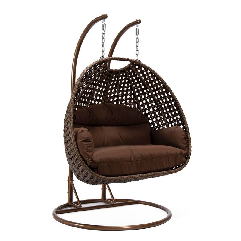 LeisureMod Mendoza Dark Brown 2 Seater Wicker Patio Hanging Double Swing Chair for Patio Porch Backyard Garden - 53"