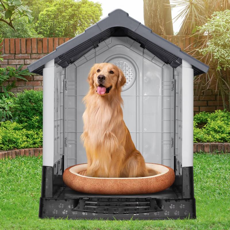Plastic Dog House with Air Vents, Elevated Floor, Insulated Outdoor Indoor Kennel for Small Dogs