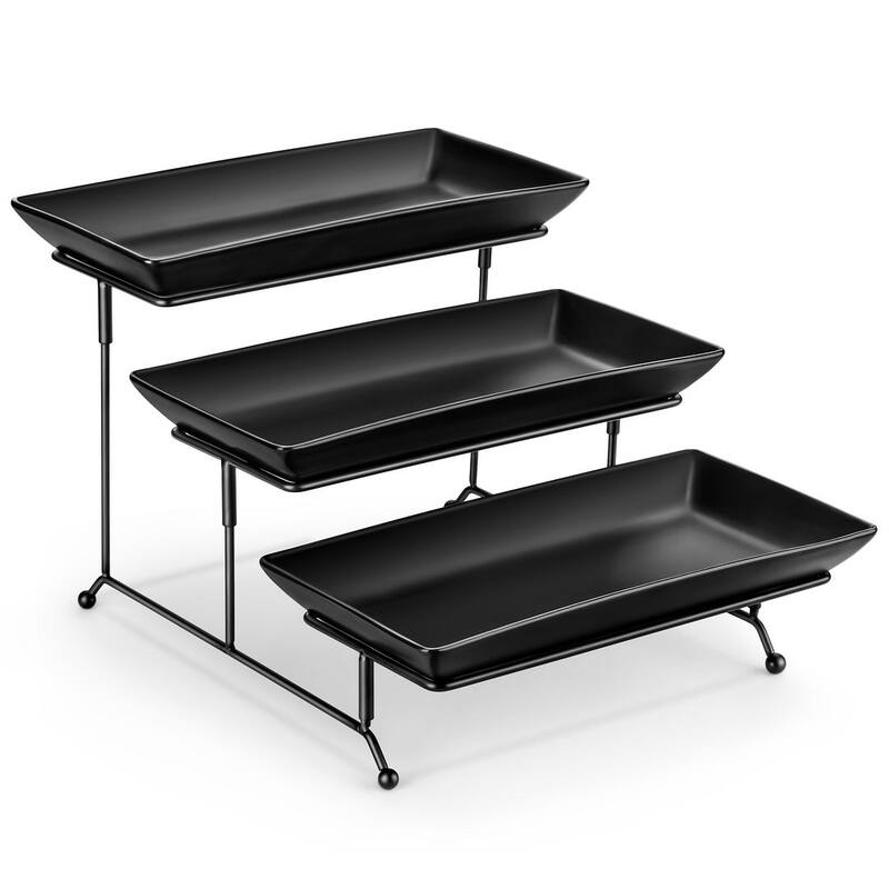 MALACASA PLAT 3-Tier 12" & 14" Porcelain Dessert Stand Black Iron Base - Black - 12-in