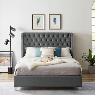 Queen Size Platform Bed with Button Designed Headboard Strong