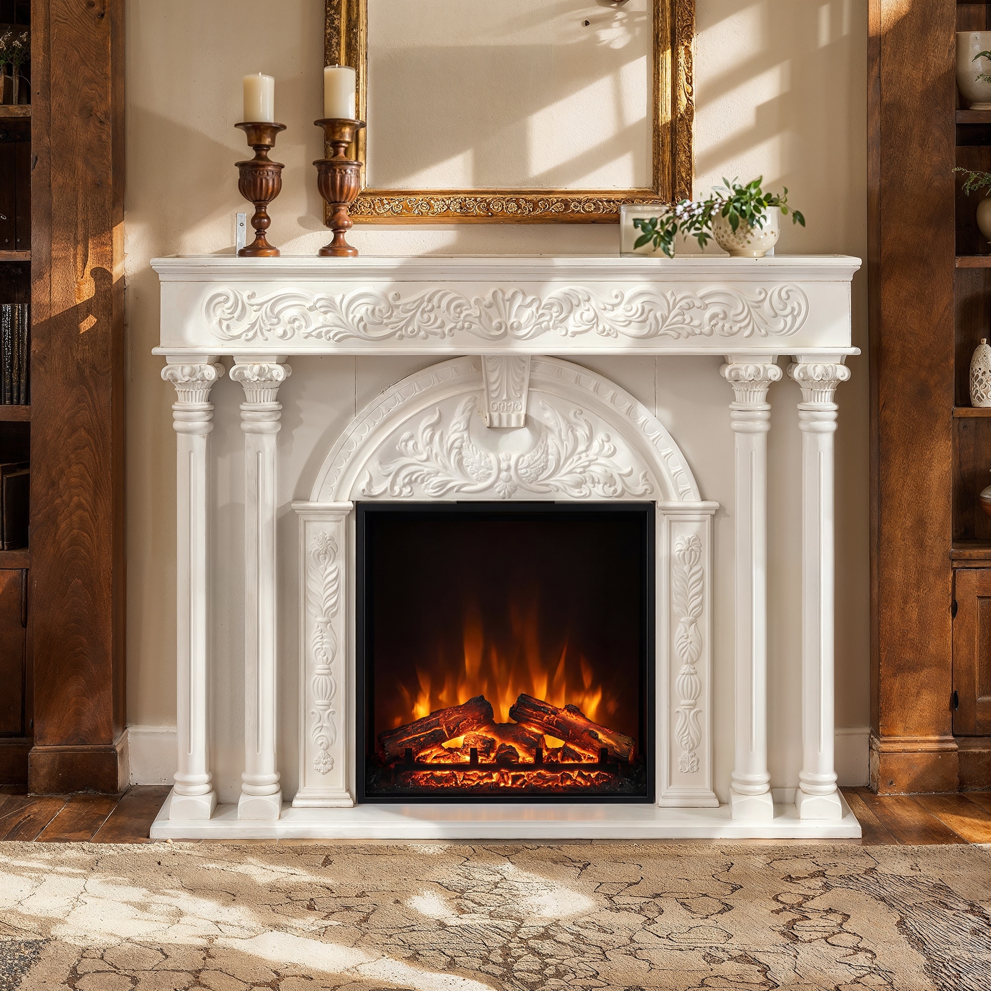 Solid Wood TV Console with Built-In 1500W Electric Fireplace