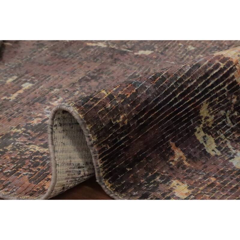 Hand Knotted Oriental Viscose Silk Carpet Modern All-Over Brown Abstract Area Rug - 7' 9'' X 4' 11''