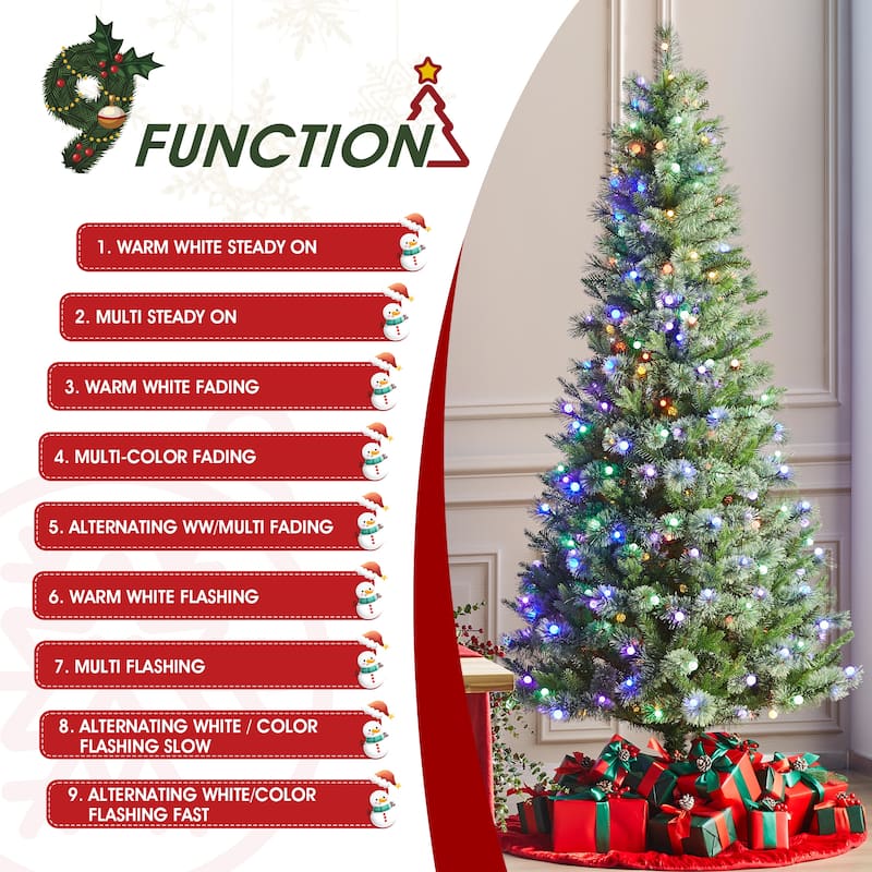 Glitzhome 7.5ft/9ft Pre-Lit Green Slim Pine Artificial Christmas Tree with Foot Pedal & Remote Control