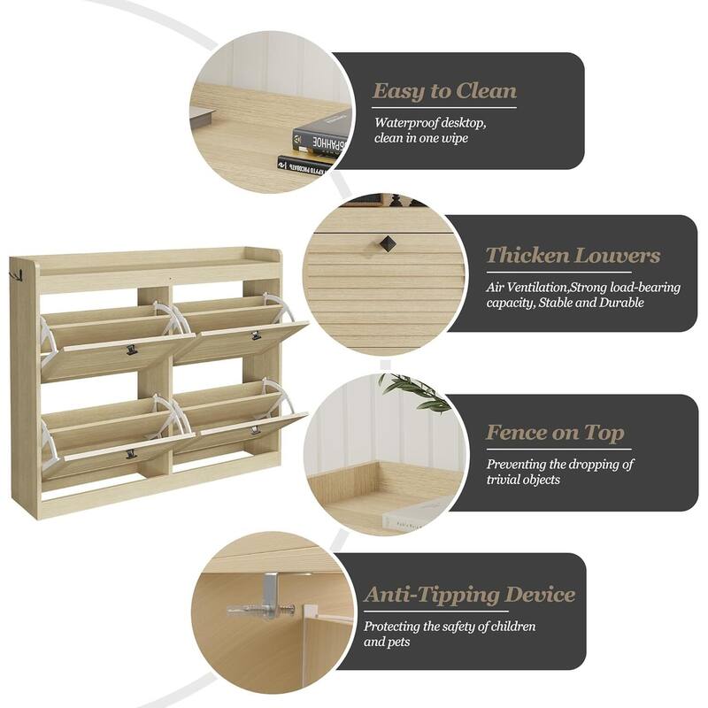 Freestanding Hidden Shoe Rack, Shoe Storage Cabinet with 4 Flip Drawers