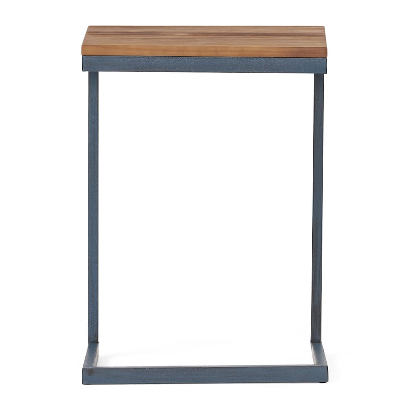 Roomfitters C-Shaped Side Table, Industrial End Table with Natural Wood Top and Blue Metal Frame for Sofa or Bedside, Natural