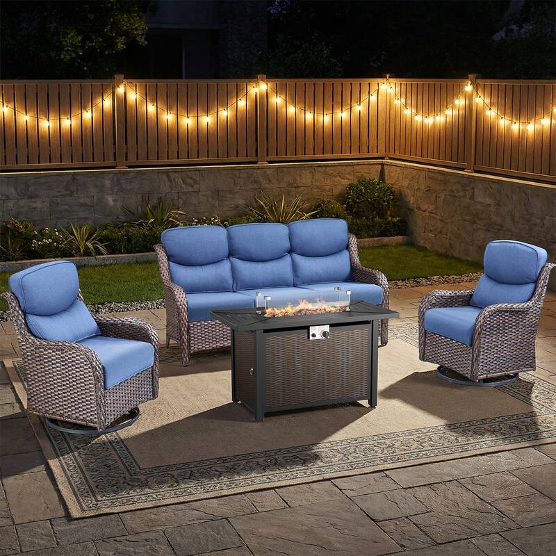 Pocassy Patio Sofa Swivel Chair Set with 43" Fire Pit Table - Brown Wicker Blue Cushion - 4-Piece Sofa Swivel Chair w/ Fie Pit Table