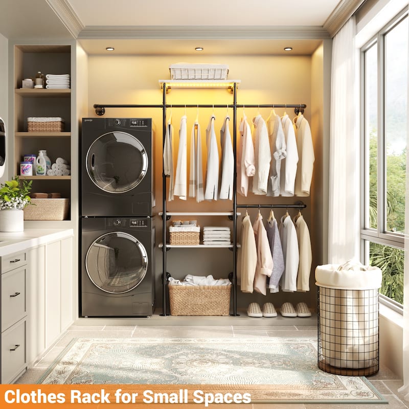 87"W Industrial Pipe Clothing Racks with LED Lights & Open Shelves,Reversible Walk-in Closet Oraganizer System Garment Racks