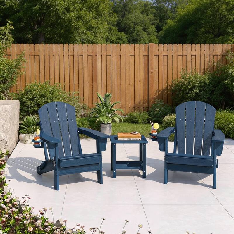 Folding Adirondack Chair Set of 2, with Side Table and Cup Holder - Navy Blue
