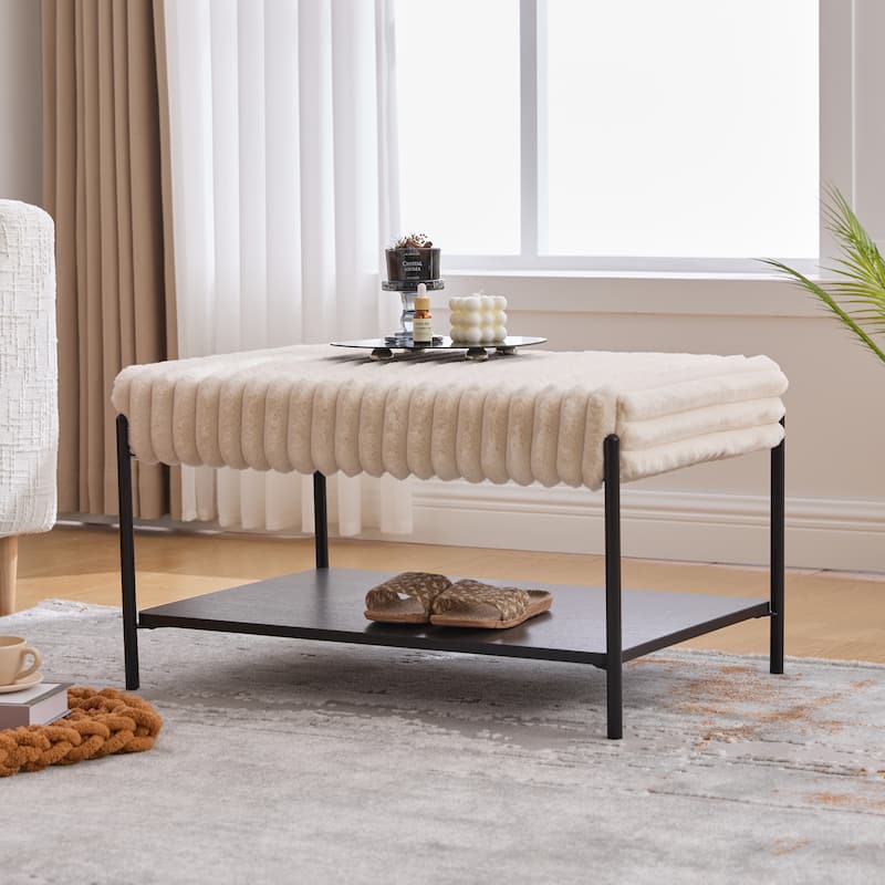 30.7"W Modern Ottoman Coffee Table,Upholstered Bench Footrest with Wood Storage Shelf - Beige