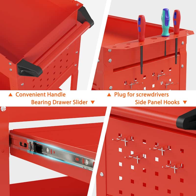 3-Tier Rolling Tool Cart on Wheels for Mechanics with Utility Drawer