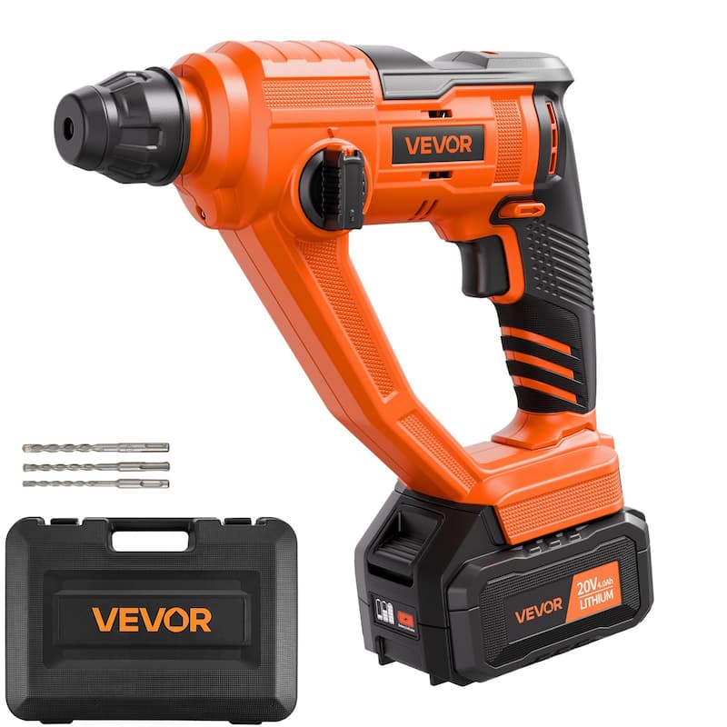 Orange-Black Cordless Rotary Hammer Drill with 20V Battery and 5100BPM Impact Rate 2 Modes and Case - 11” x 9.8” x 3.1”