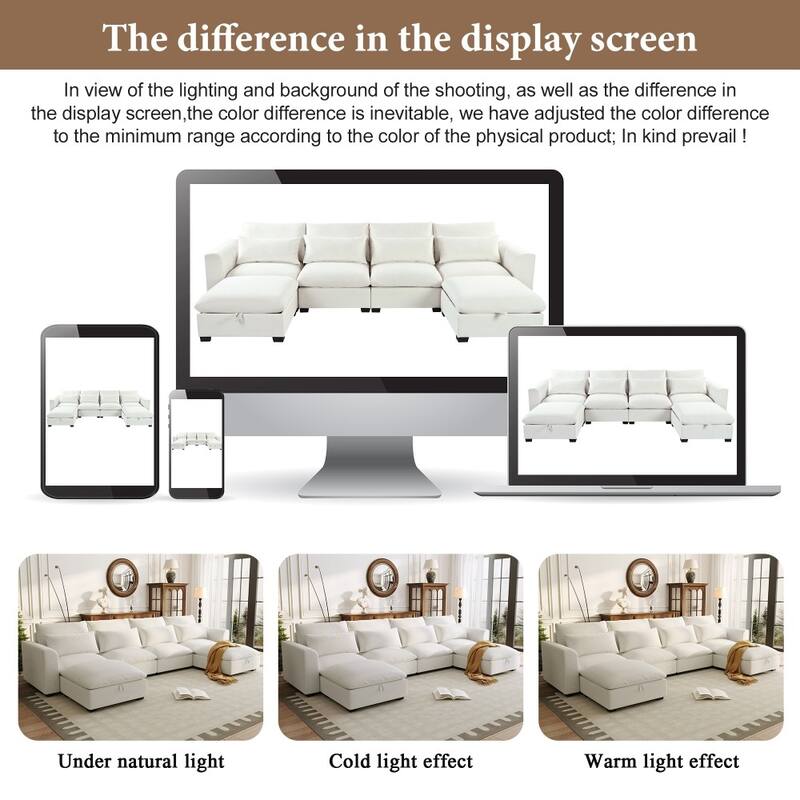 Modern U-shaped Modular Linen Blend Sectional Sofa with 2 Storage Ottomans and 4 lumbar pillows
